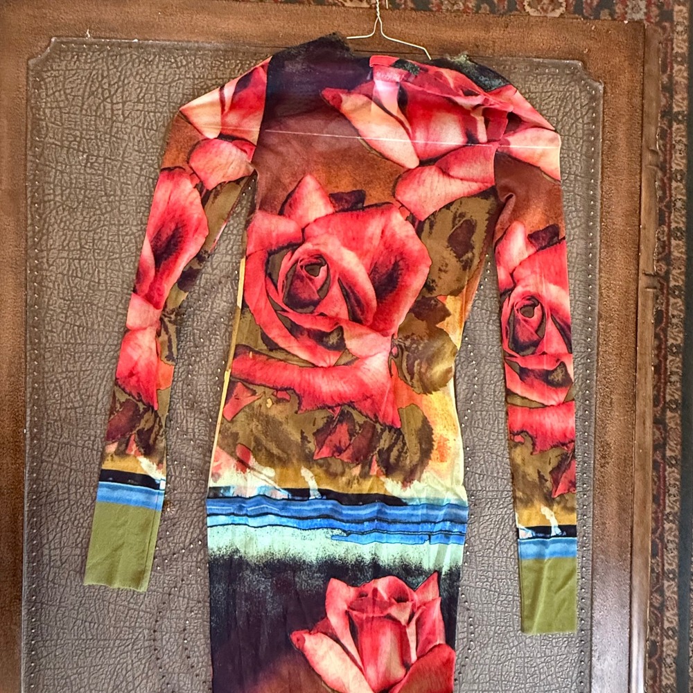 Jean Paul Gaultier Red Rose Mesh Maxi Dress Long Sleeve Italy Size S - Excellent - Picture 8 of 9